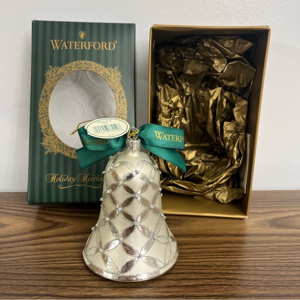 Waterford Killeen Snow Bell Blown Glass 4.25" Silver Glitter Christmas Ornament